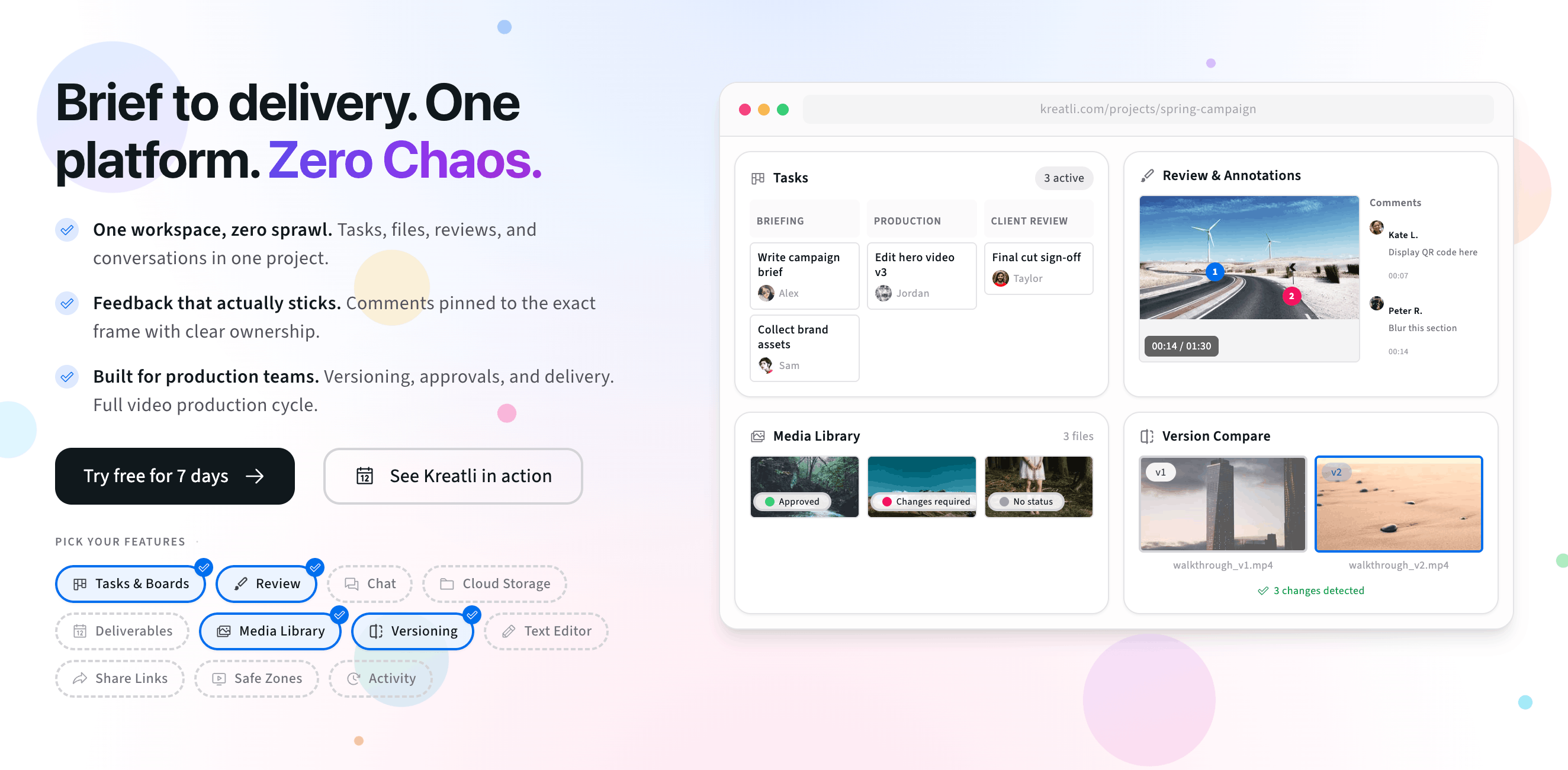 Kreatli platform: tasks, reviews, media library, and version compare