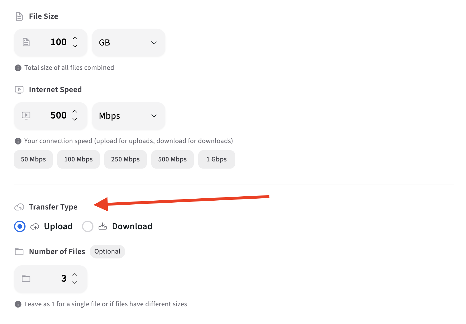 Data transfer calculator showing transfer type selection for upload or download time calculations