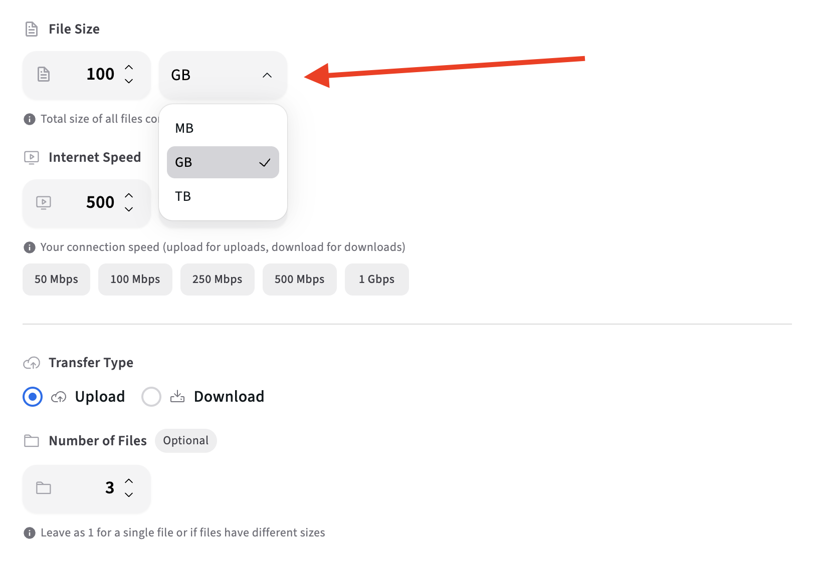 Data transfer calculator file size unit selector showing MB, GB, and TB options for accurate transfer time calculations