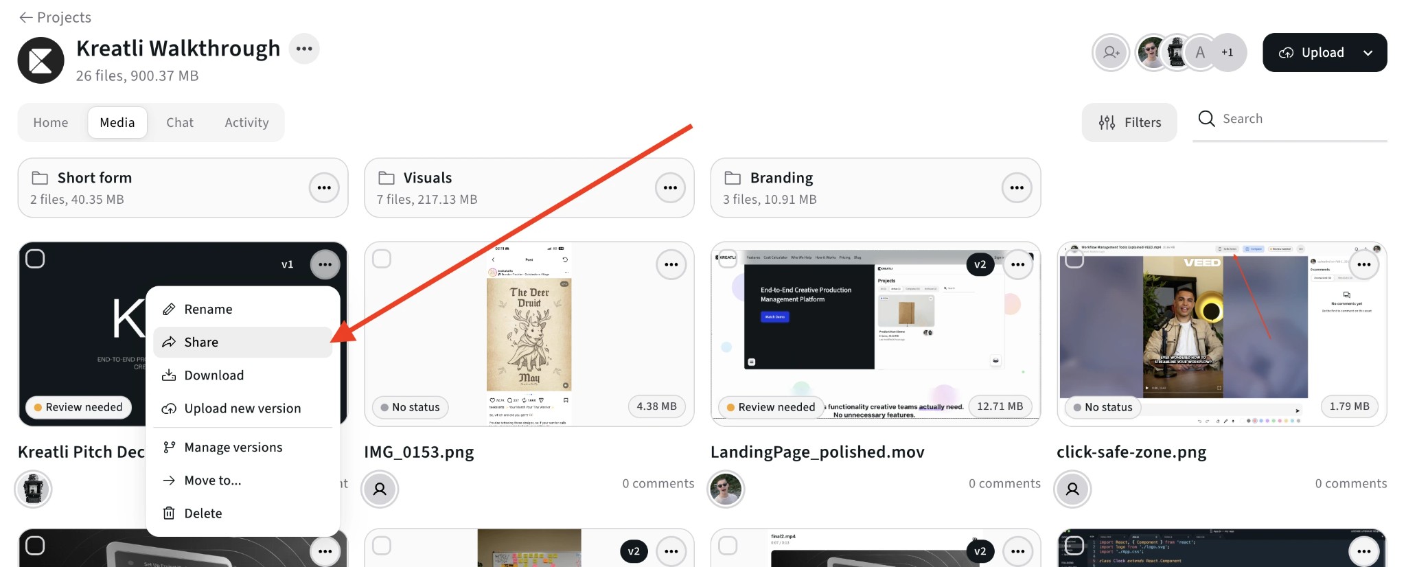 Open file menu and choose Share to get PDF link in Kreatli