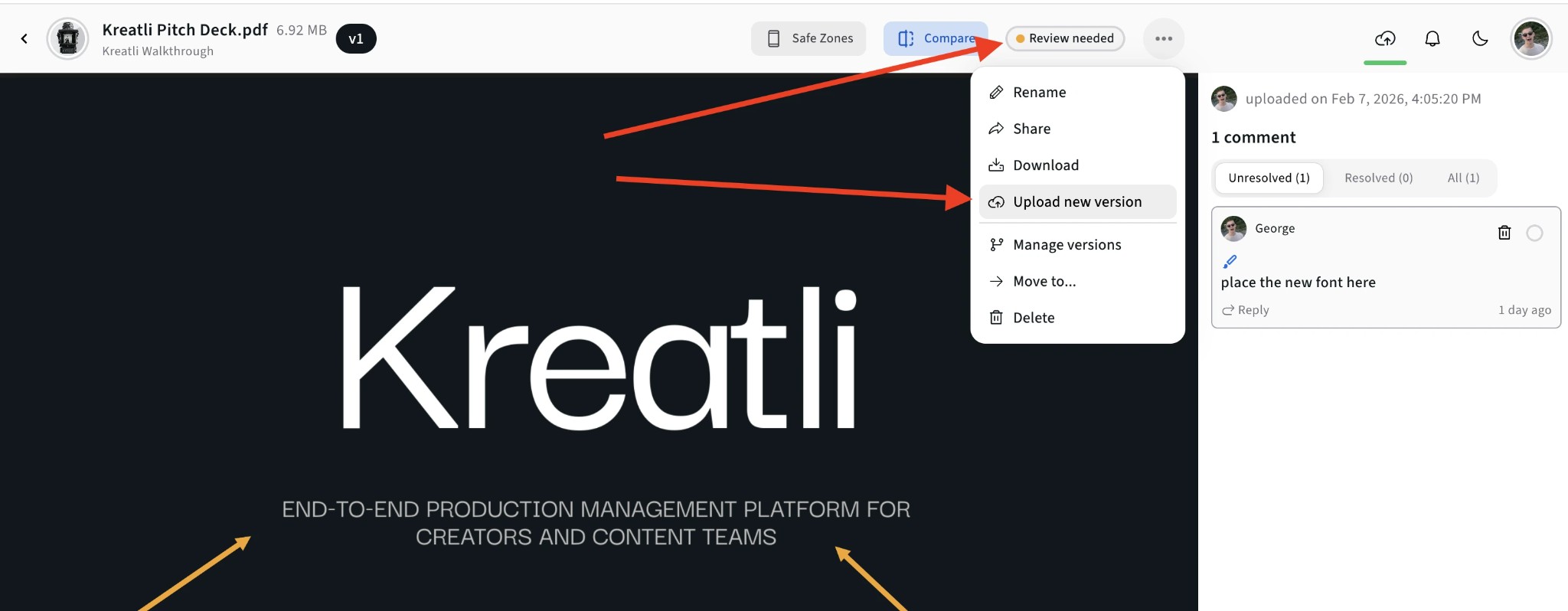 PDF viewer with Compare, Share, and version options in Kreatli