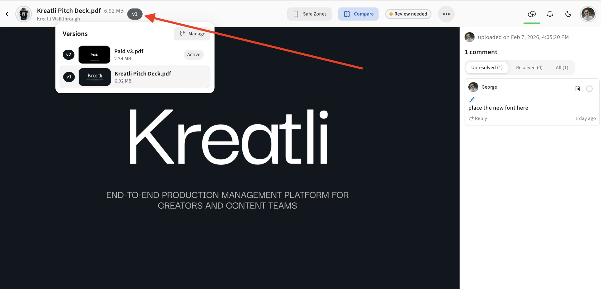 Versions dropdown with version list and Manage in Kreatli