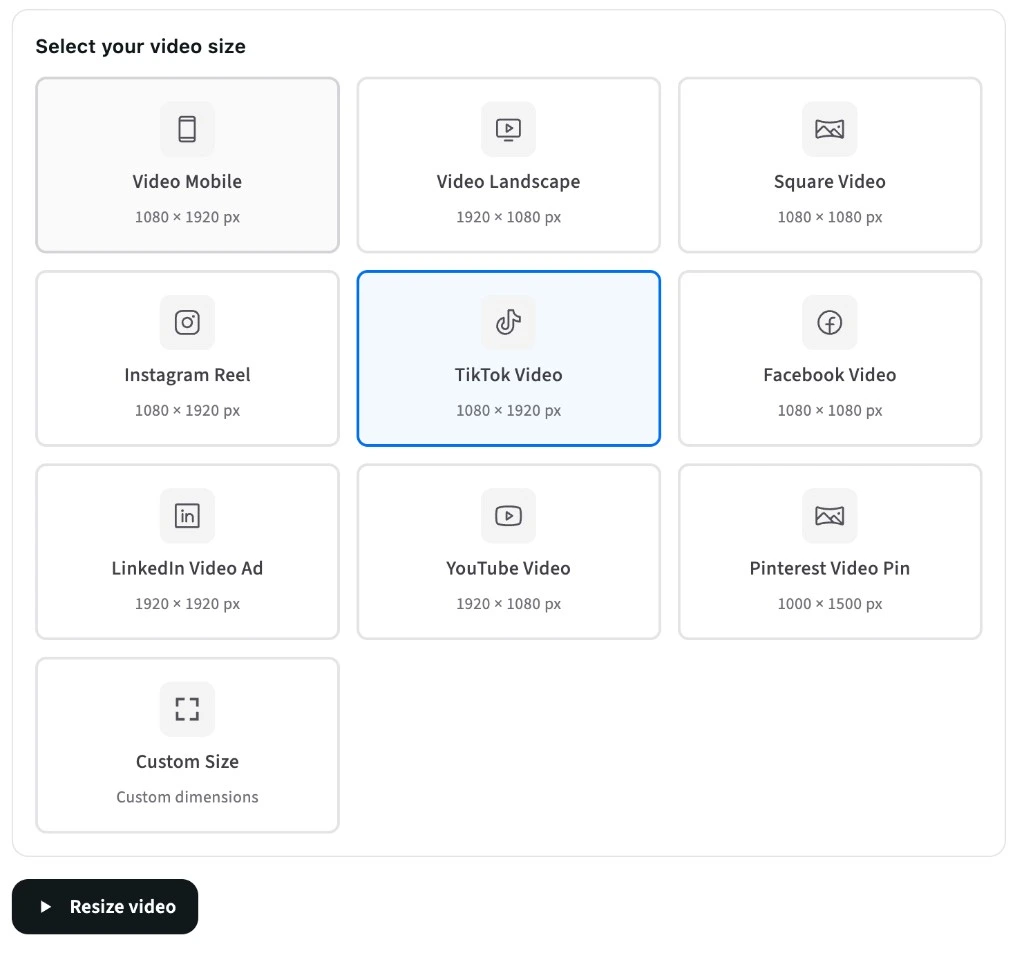 Resize video tool presets and custom size options