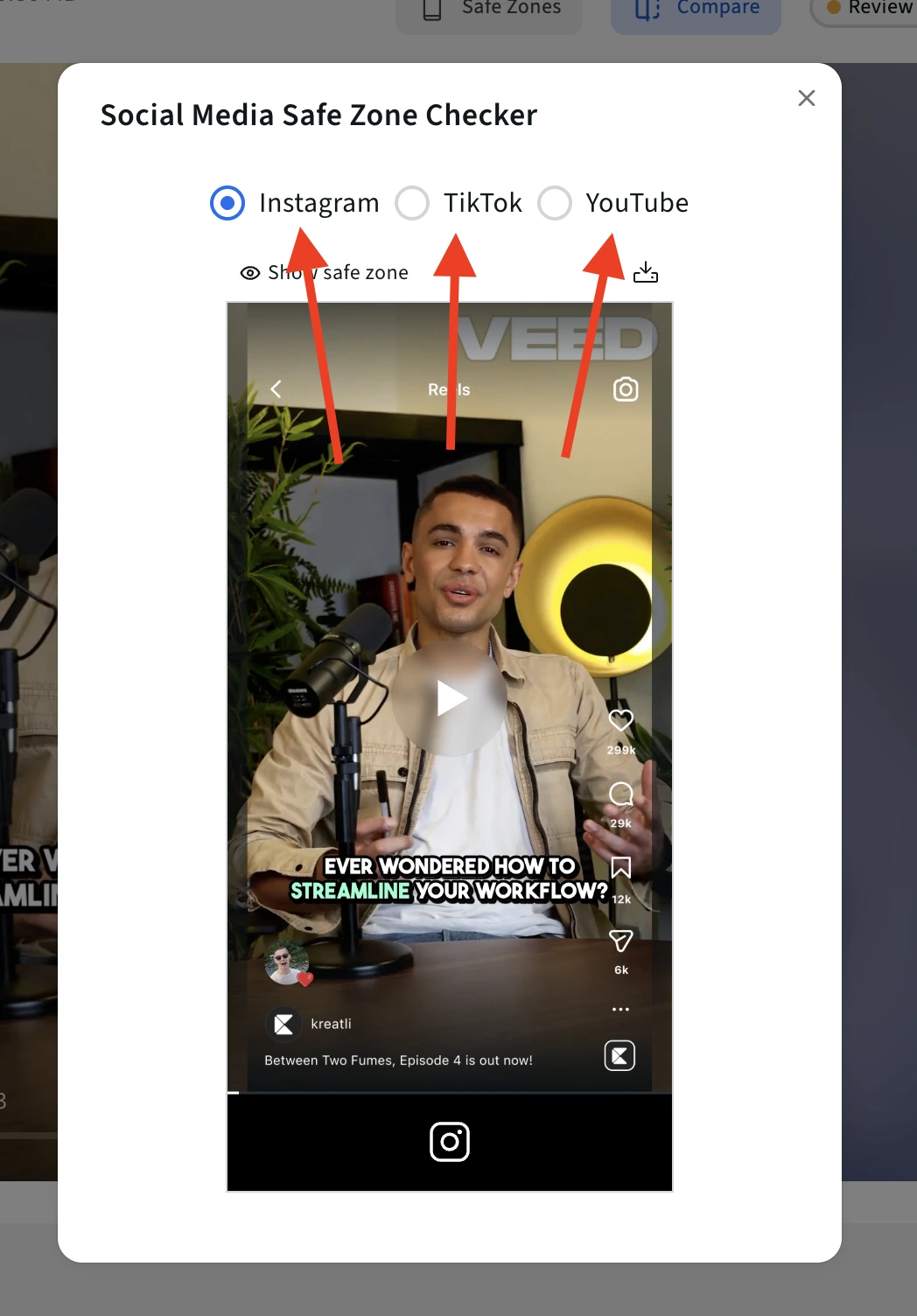 Kreatli safe zone checker with platform selector and overlay comparison for TikTok, Instagram Reels, and YouTube Shorts