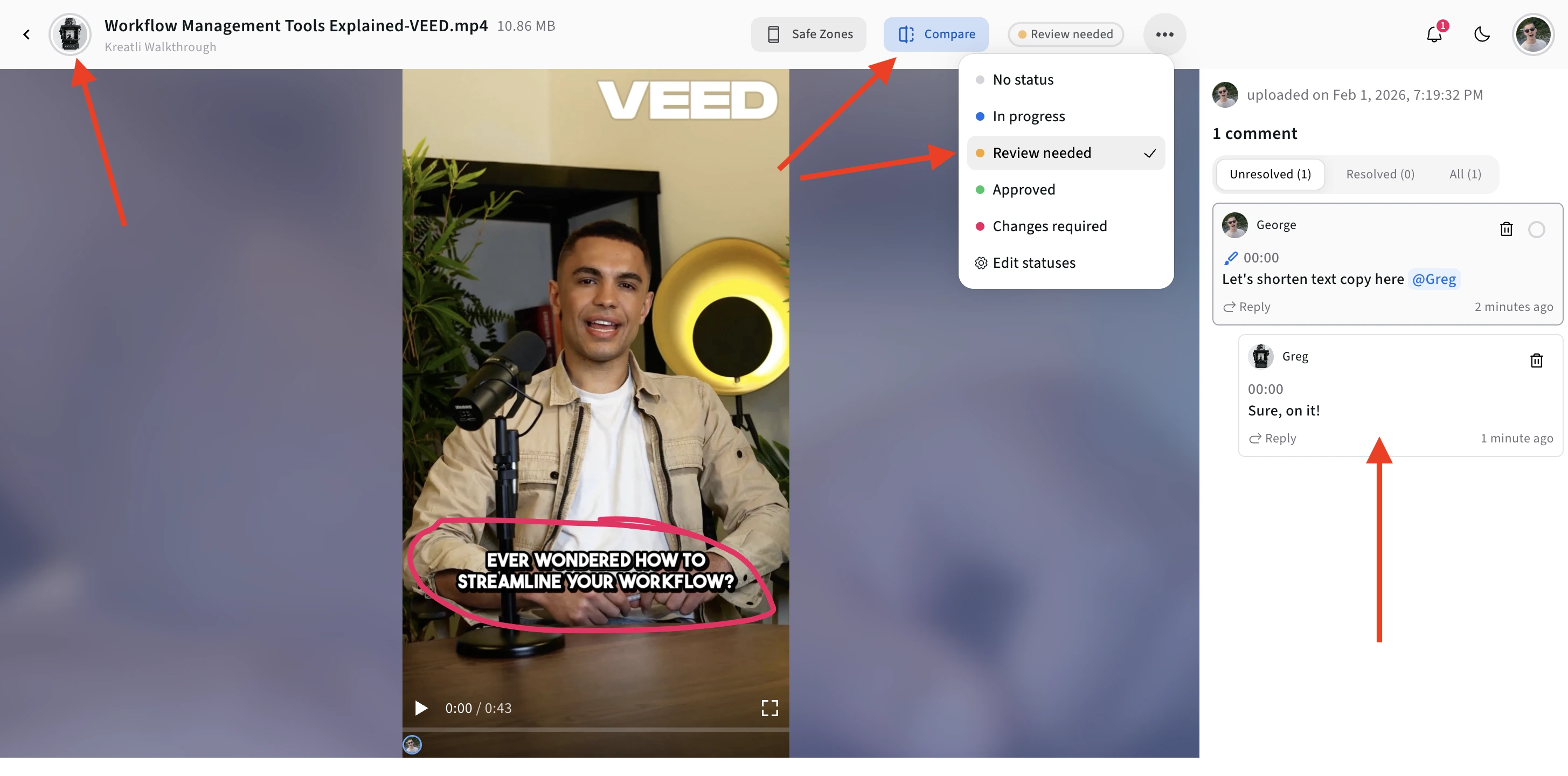 Kreatli platform showing share, export, and download options for content with safe zone validation complete