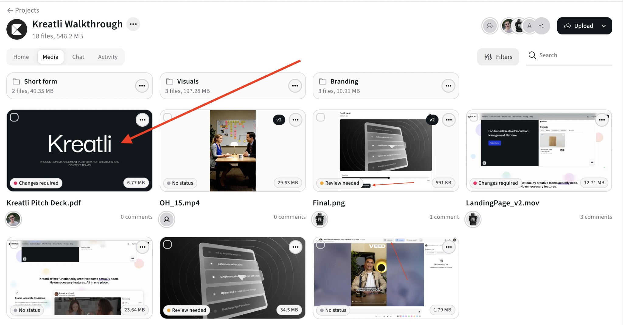Kreatli Media view with image in project, open in review