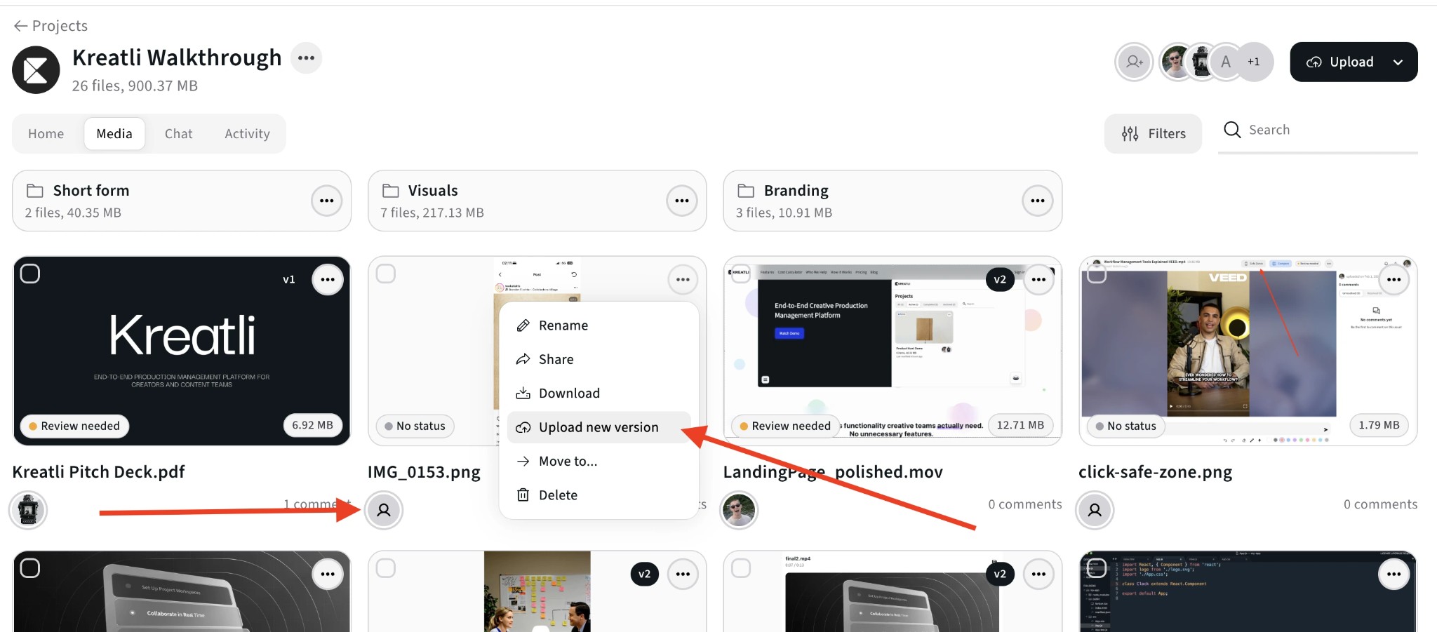 Managing hosted video versions and feedback history in Kreatli