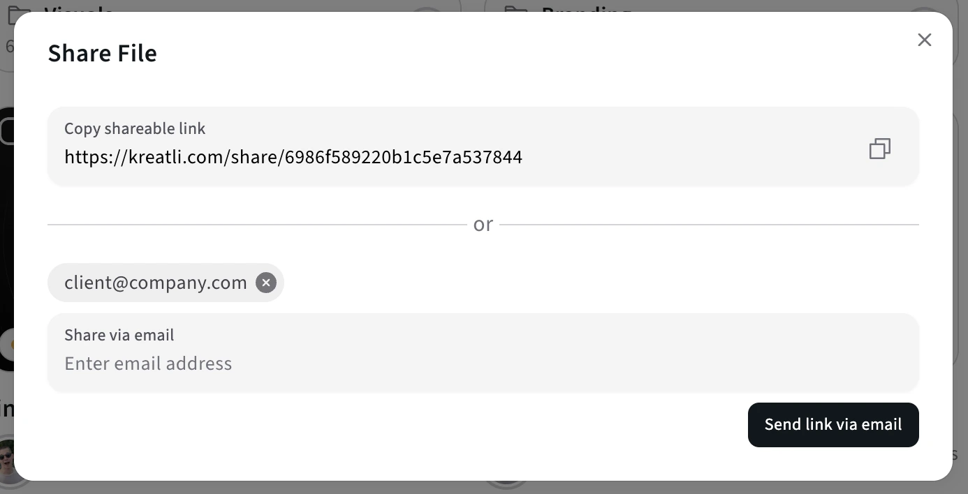 Share File modal: copy link or send via email in Kreatli