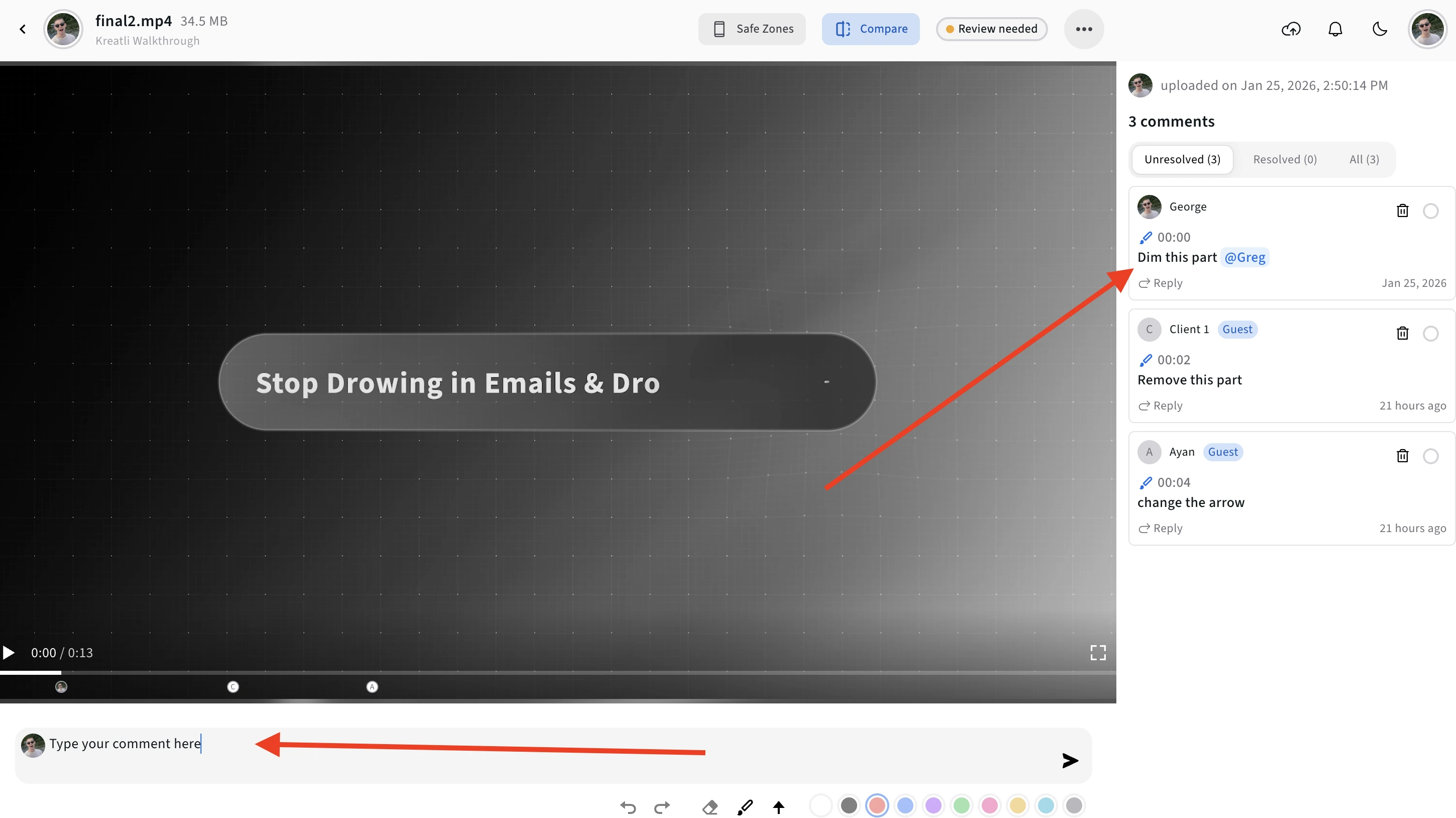 Adding frame-accurate comments and drawings on video in Kreatli