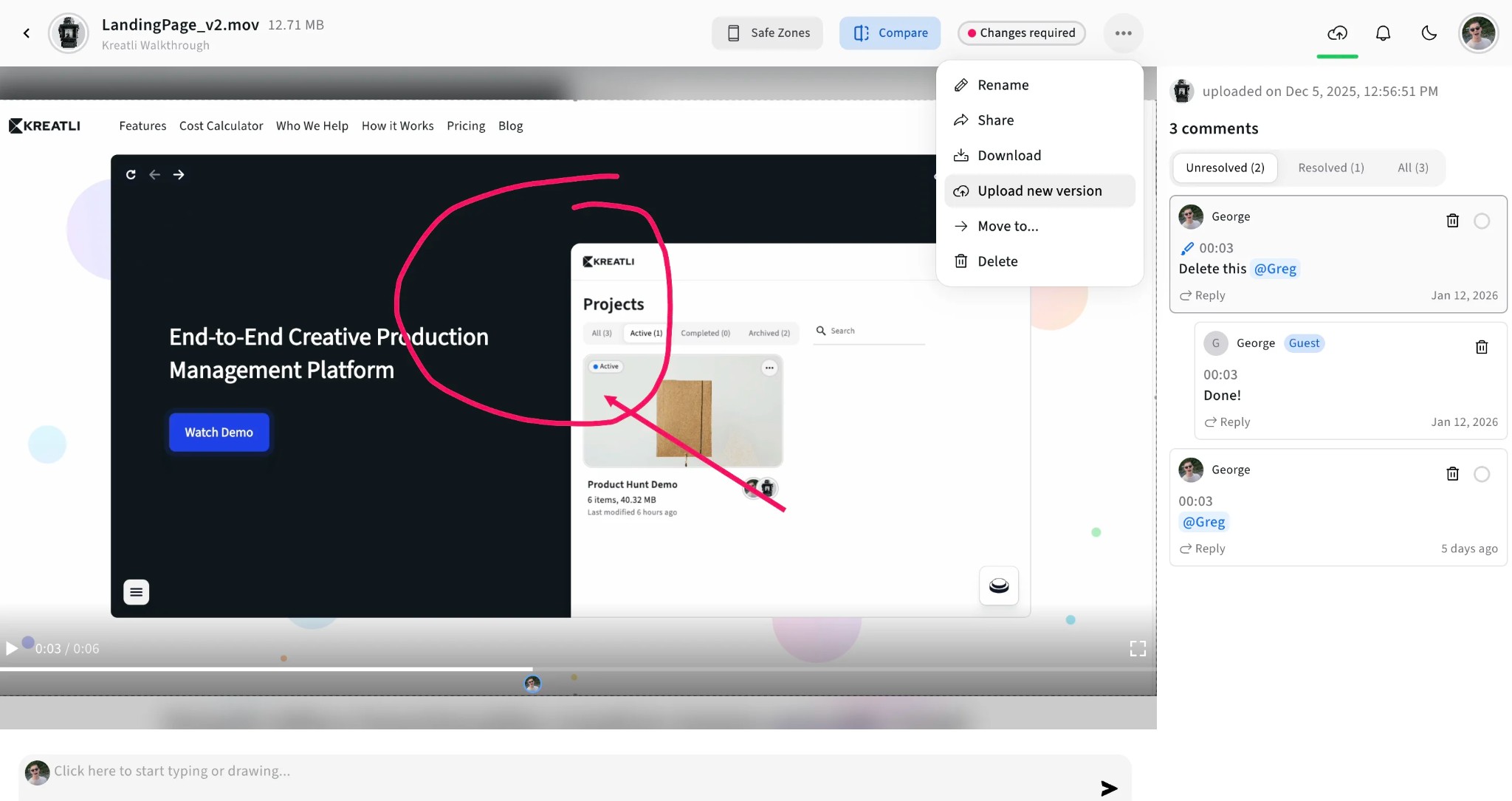 Upload new version from the file menu in Kreatli