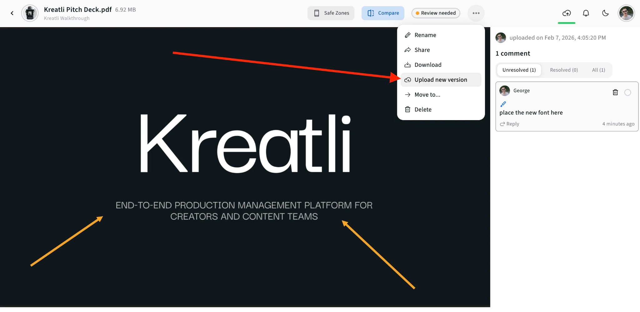 Upload new version from the file menu in Kreatli