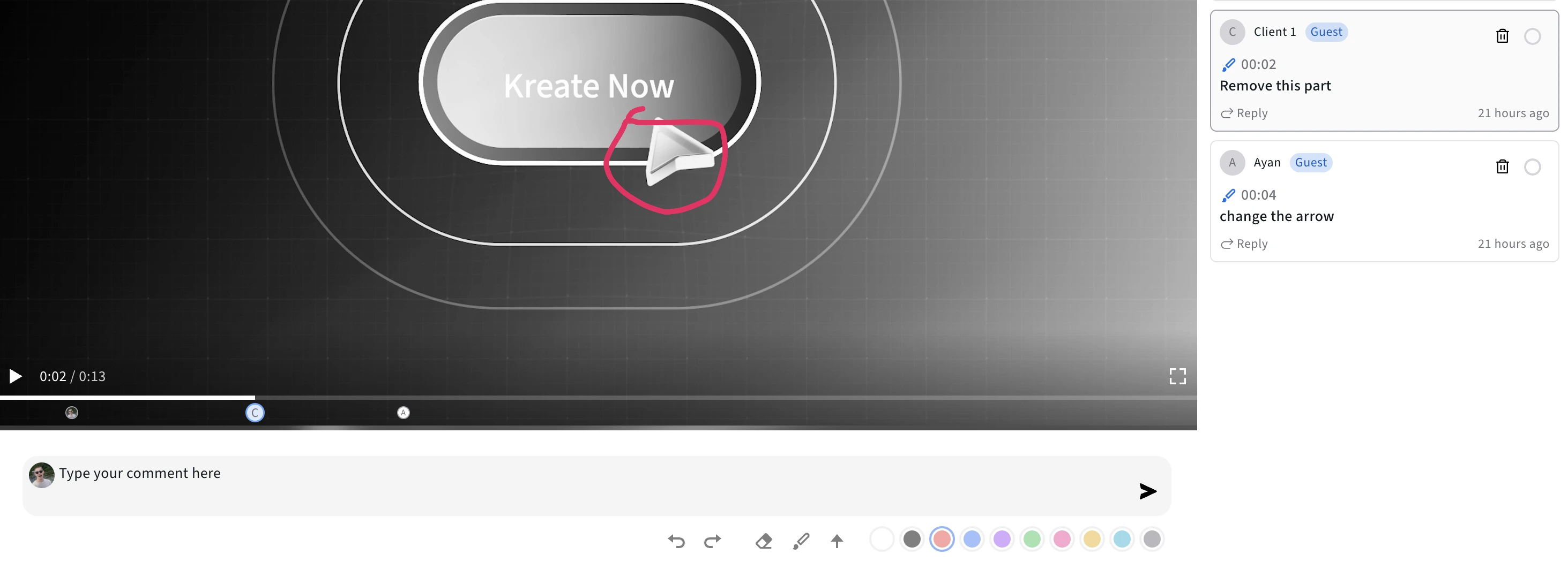 Timeline view with annotations in Kreatli