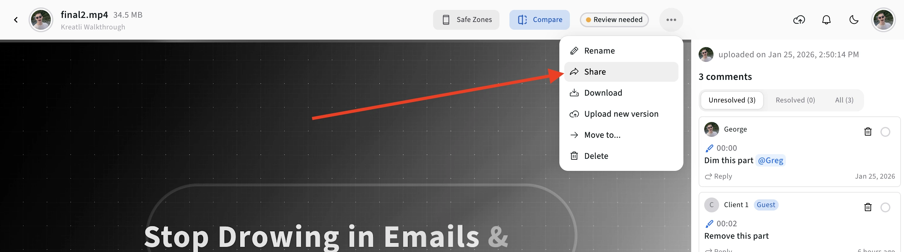 Sharing and resolution tracking for video annotations in Kreatli