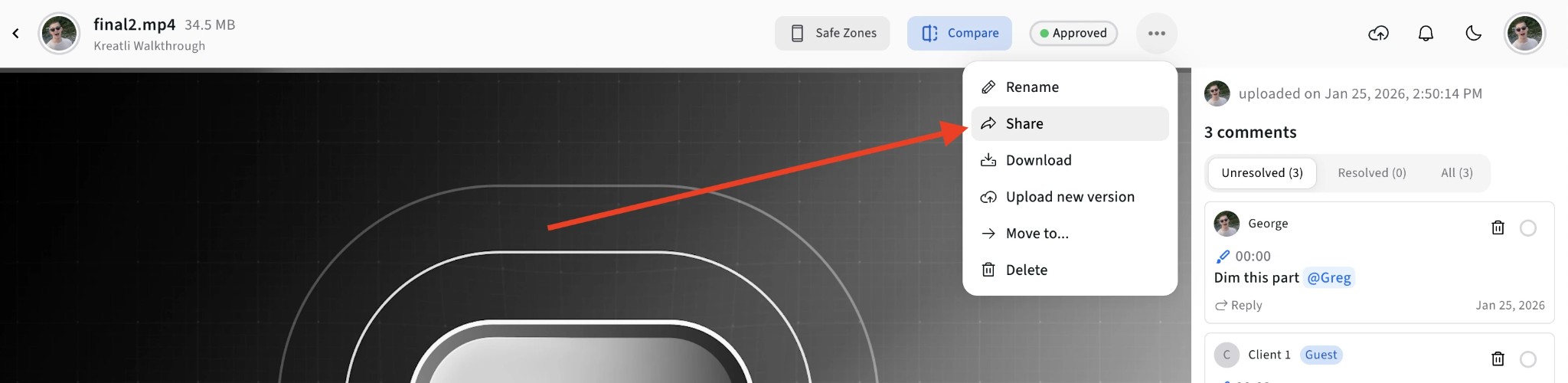 Share video review link with team or clients
