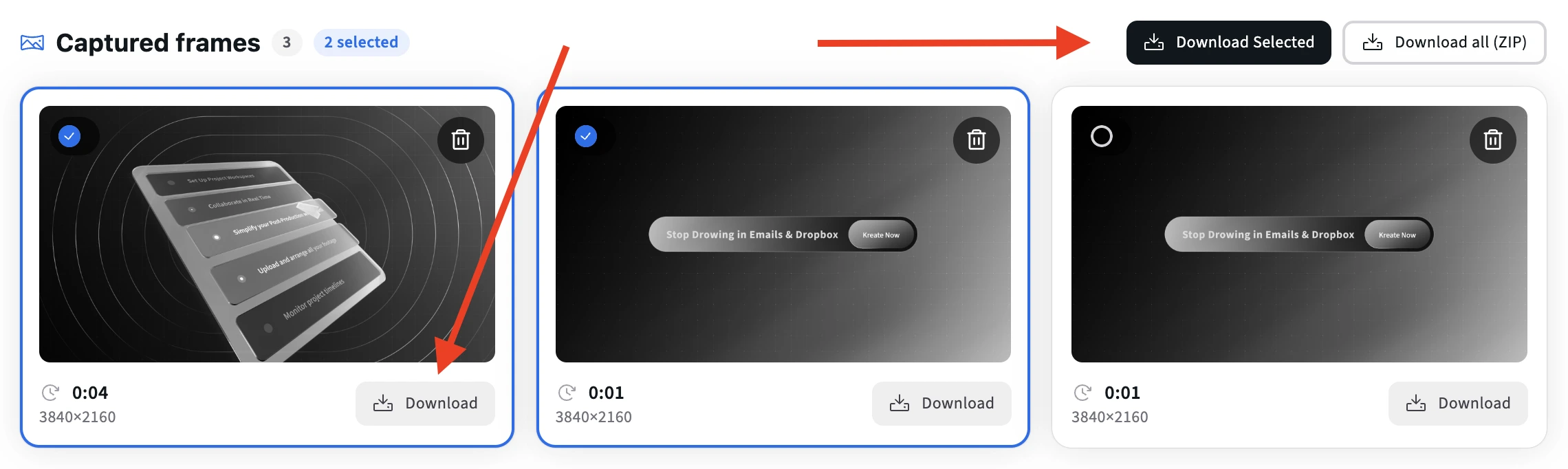 Export frames as PNG or JPG, single download or ZIP export
